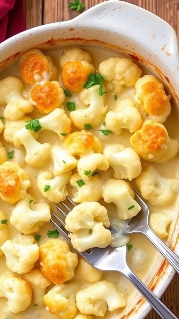 Creamy cauliflower cheese with golden top and parsley garnish in a rustic baking dish.